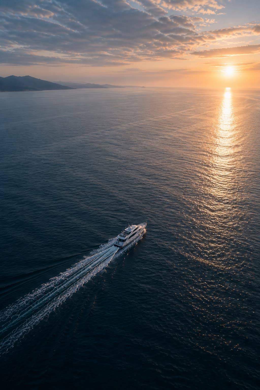 Motor yacht underway across open water at sunset
